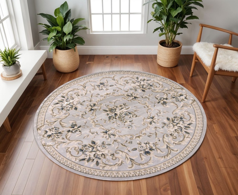 9' X 12' Light Gray Green And Tan Floral Medallion Area Rug