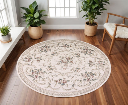 8' Ivory Red And Green Floral Medallion Round Rug