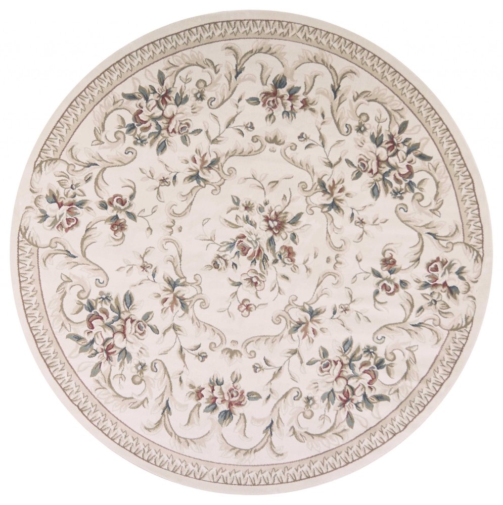 8' Ivory Red And Green Floral Medallion Round Rug