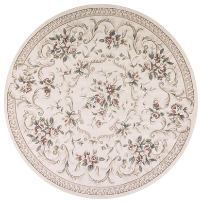 8' Ivory Red And Green Floral Medallion Round Rug