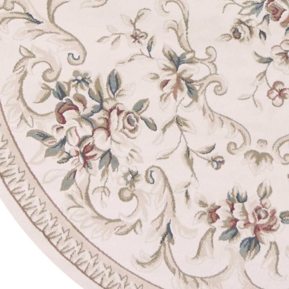 8' Ivory Red And Green Floral Medallion Round Rug