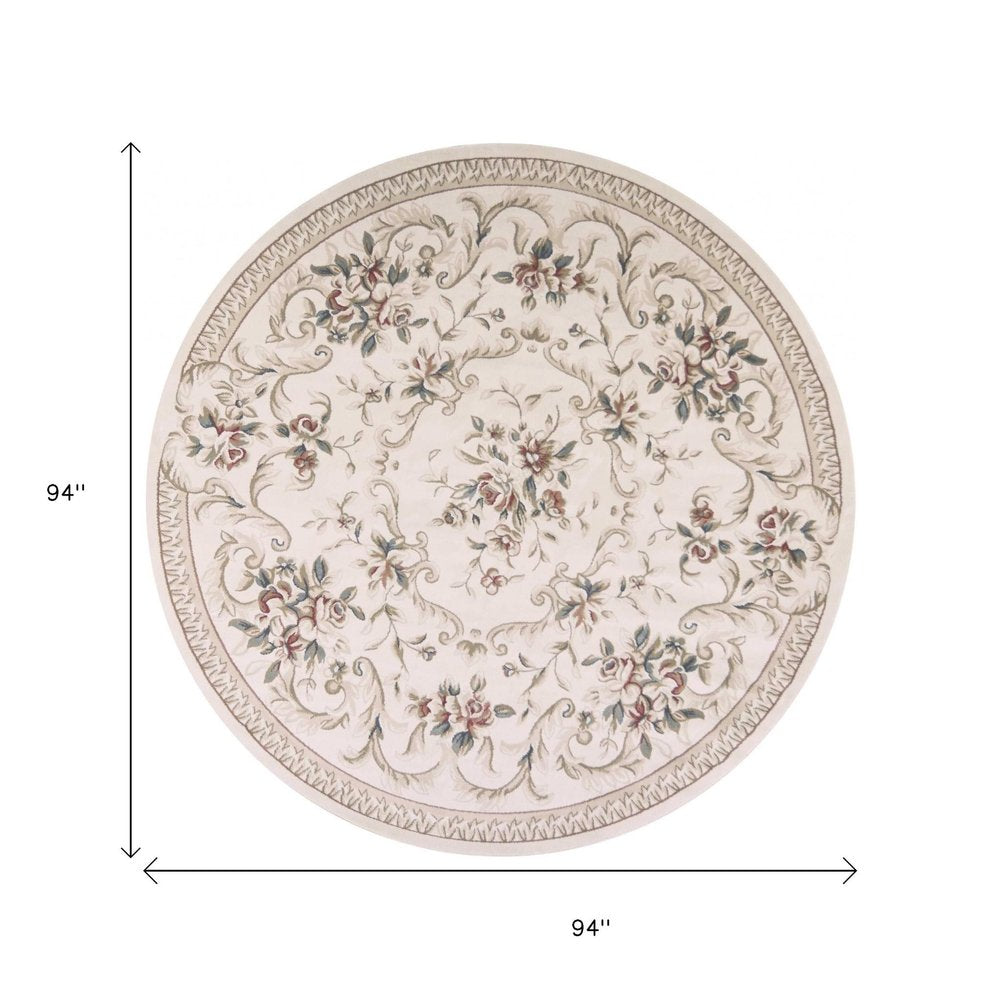 8' Ivory Red And Green Floral Medallion Round Rug