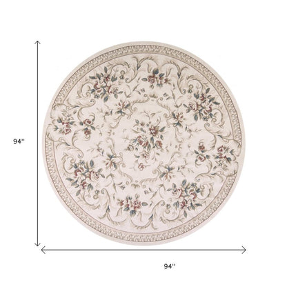 8' Ivory Red And Green Floral Medallion Round Rug