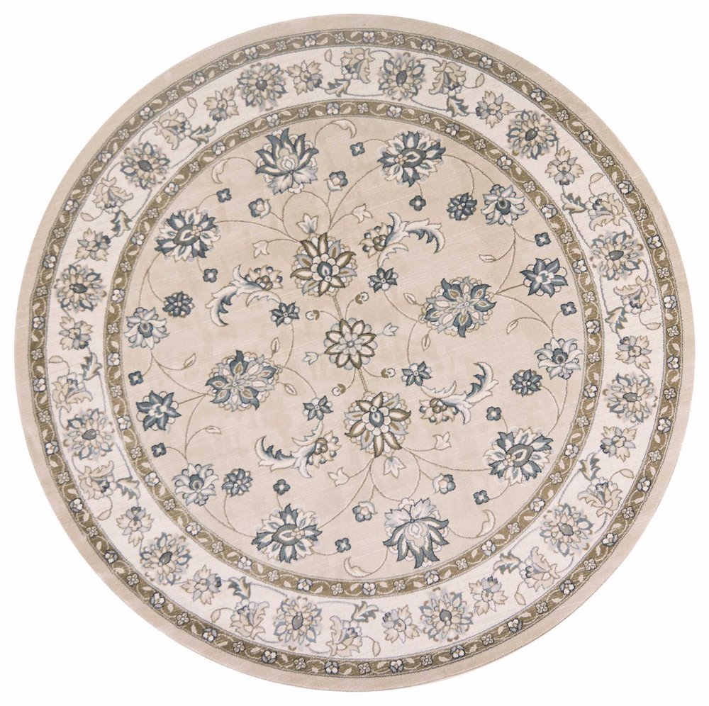 8' Beige And Ivory Floral Medallion Round Rug