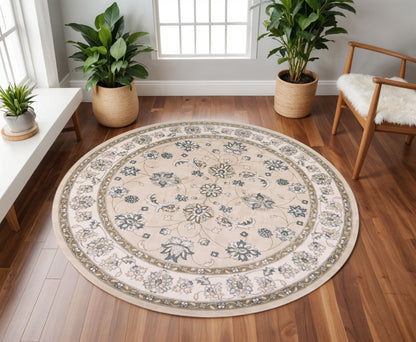 9' X 12' Beige And Ivory Floral Medallion Area Rug