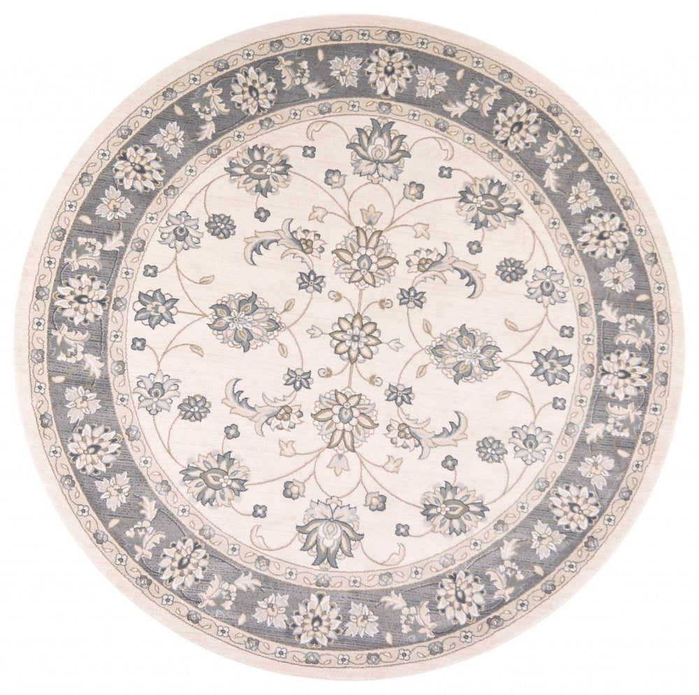 8' Ivory And Gray Floral Medallion Round Rug