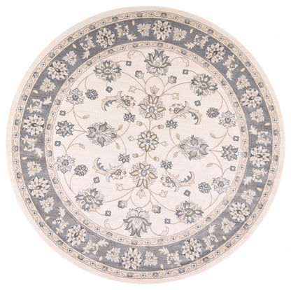 8' Ivory And Gray Floral Medallion Round Rug