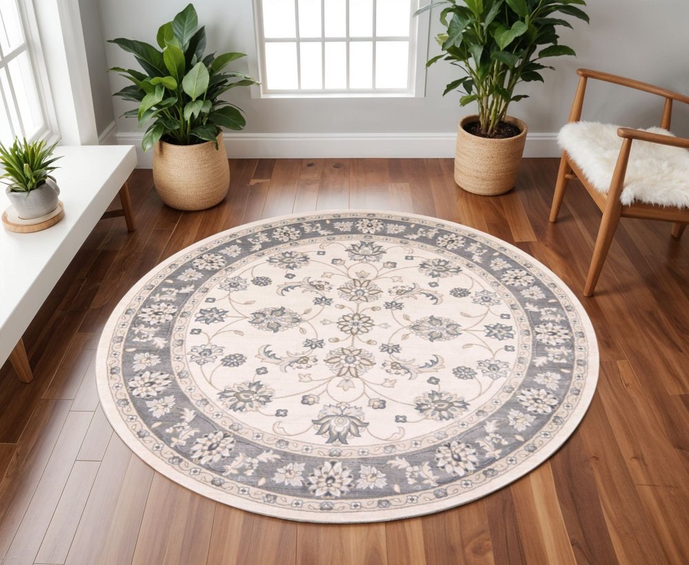 9' X 12' Gray And Ivory Floral Medallion Area Rug