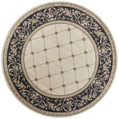 8' Ivory Grey Floral Round Indoor Area Rug