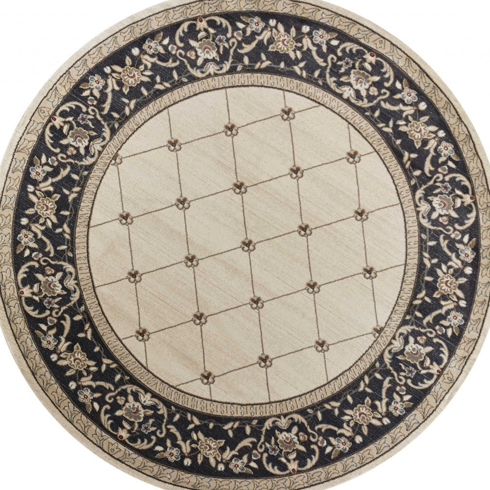 8' Ivory Grey Floral Round Indoor Area Rug