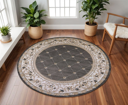 9' X 12' Gray And Ivory Floral Area Rug