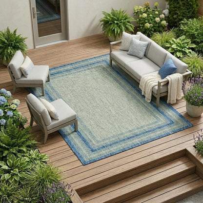 8' Blue And Gray Round Striped Indoor Outdoor Area Rug