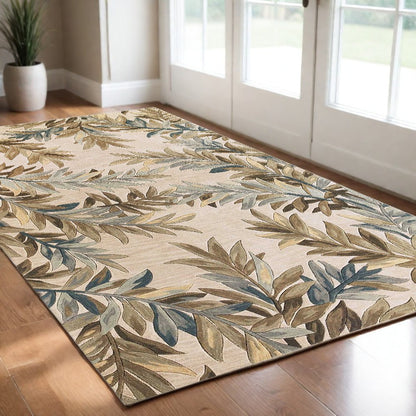 7' X 9' Ivory Brown And Blue Wool Botanical Leaves Hand Tufted Area Rug