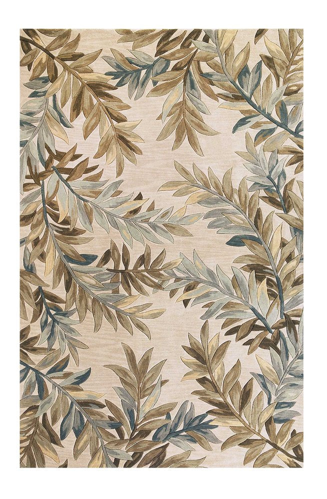 7' X 9' Ivory Brown And Blue Wool Botanical Leaves Hand Tufted Area Rug