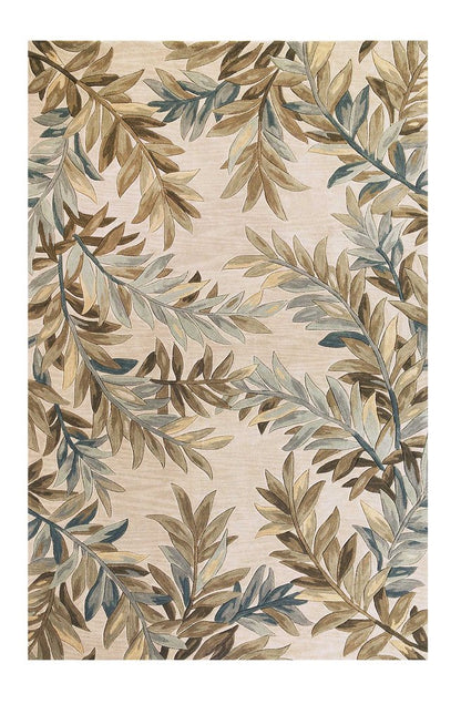7' X 9' Ivory Brown And Blue Wool Botanical Leaves Hand Tufted Area Rug