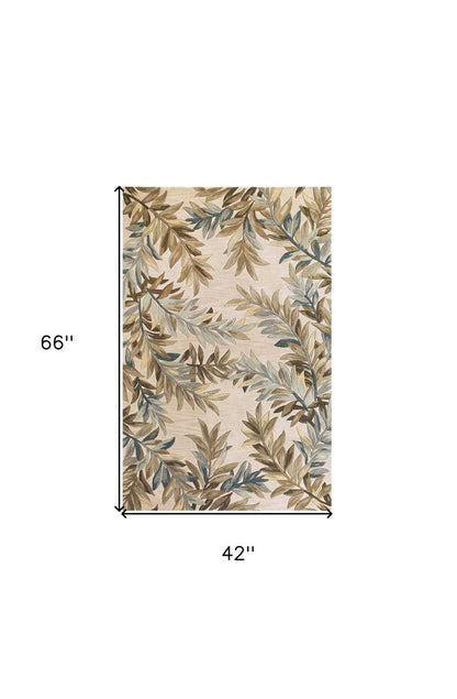 7' X 9' Ivory Brown And Blue Wool Botanical Leaves Hand Tufted Area Rug