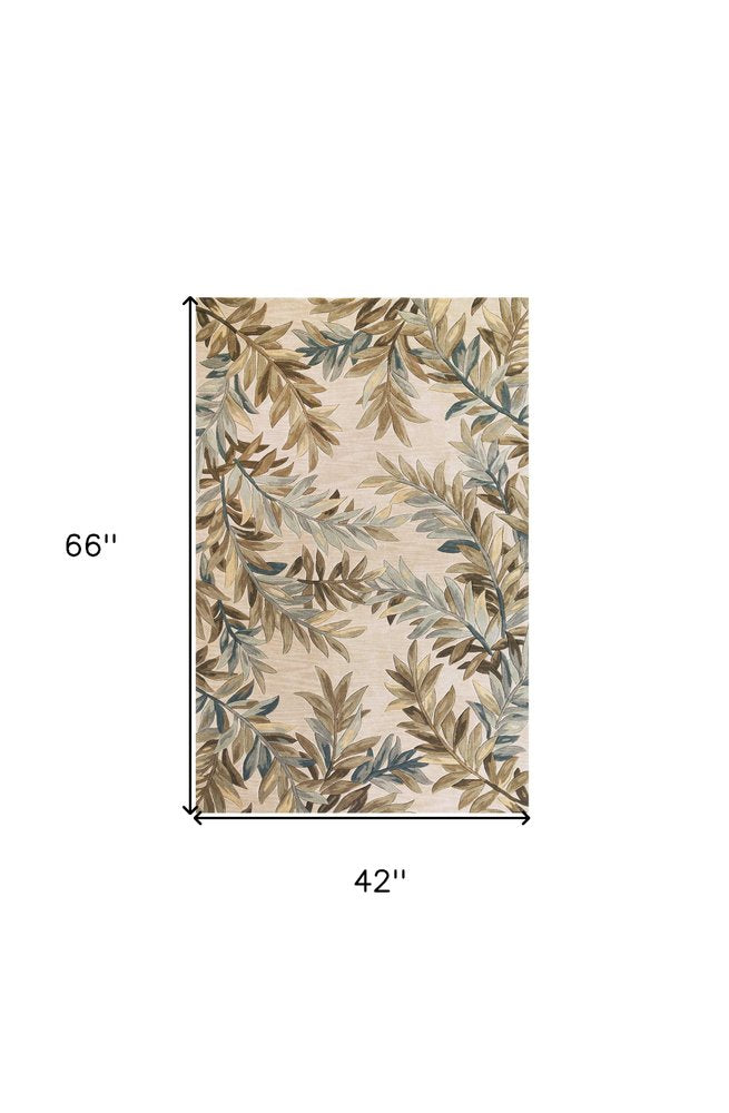 7' X 9' Ivory Brown And Blue Wool Botanical Leaves Hand Tufted Area Rug