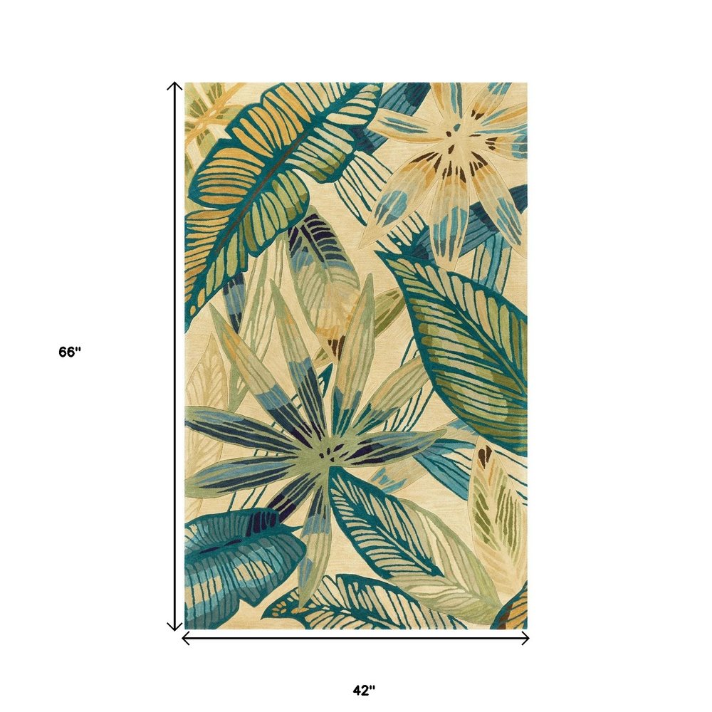 3' X 5' Ivory Teal And Green Wool Tropical Botanical Hand Tufted Area Rug