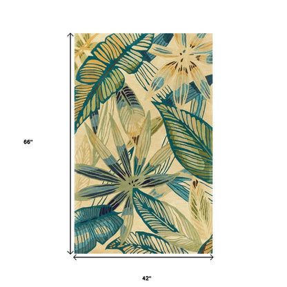 3' X 5' Ivory Teal And Green Wool Tropical Botanical Hand Tufted Area Rug