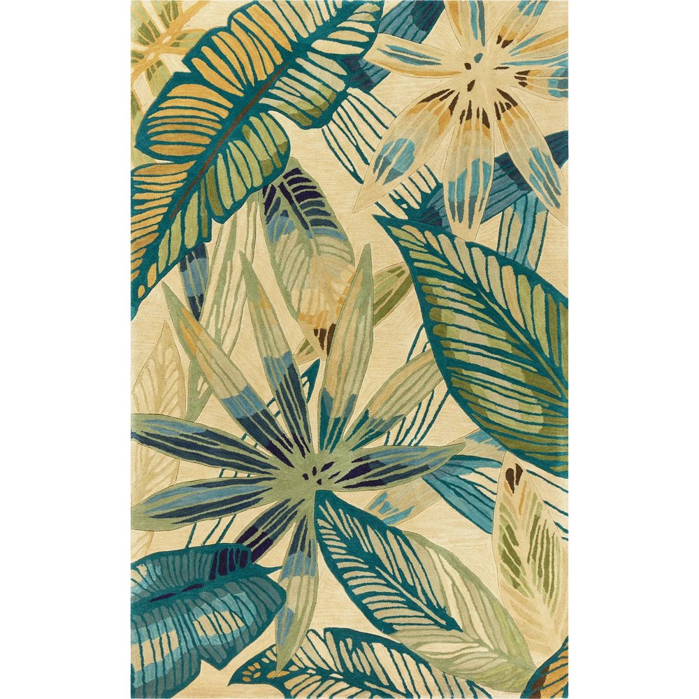 3' X 5' Ivory Teal And Green Wool Tropical Botanical Hand Tufted Area Rug