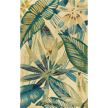 3' X 5' Ivory Teal And Green Wool Tropical Botanical Hand Tufted Area Rug