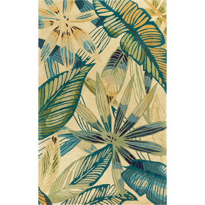 3' X 5' Ivory Teal And Green Wool Tropical Botanical Hand Tufted Area Rug