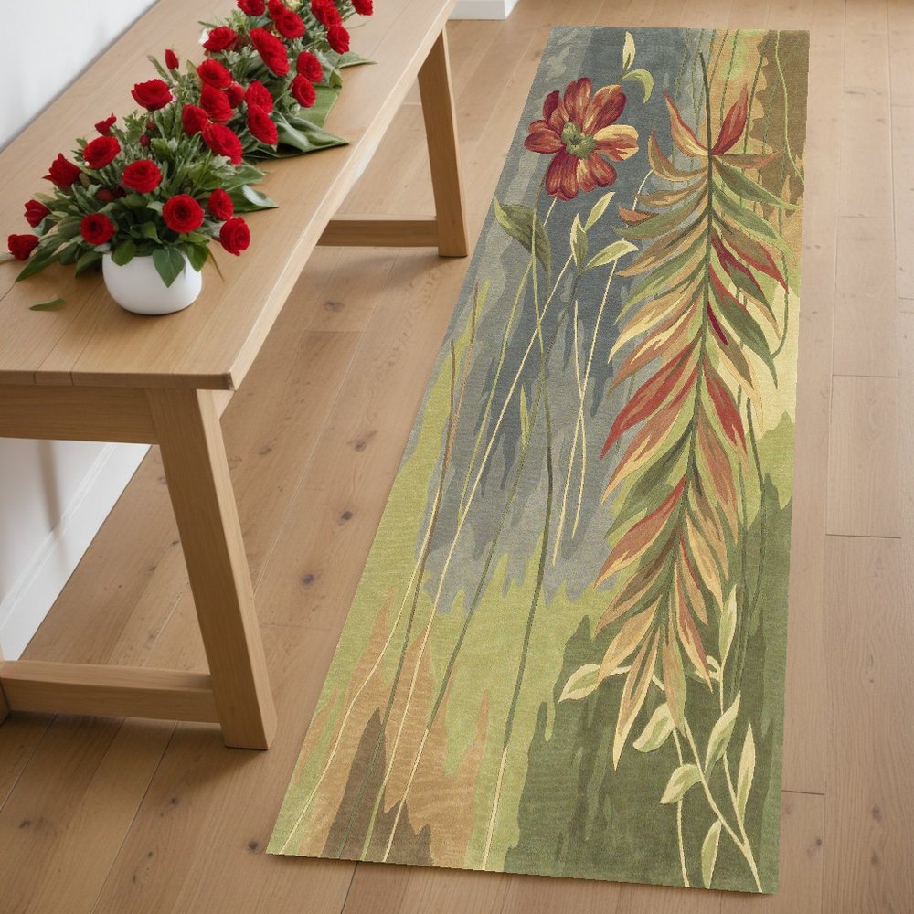 8' Blue And Green Round Wool Tropical Botanical Hand Tufted Area Rug