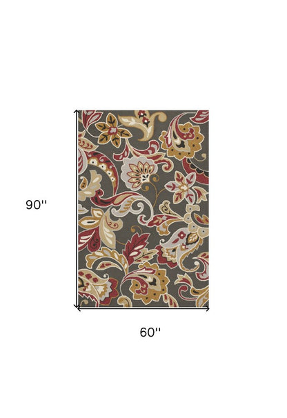 5' X 8' Taupe Floral Indoor Outdoor Area Rug