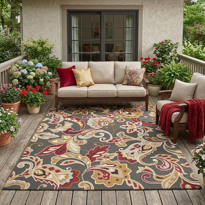 5' X 8' Taupe Floral Indoor Outdoor Area Rug