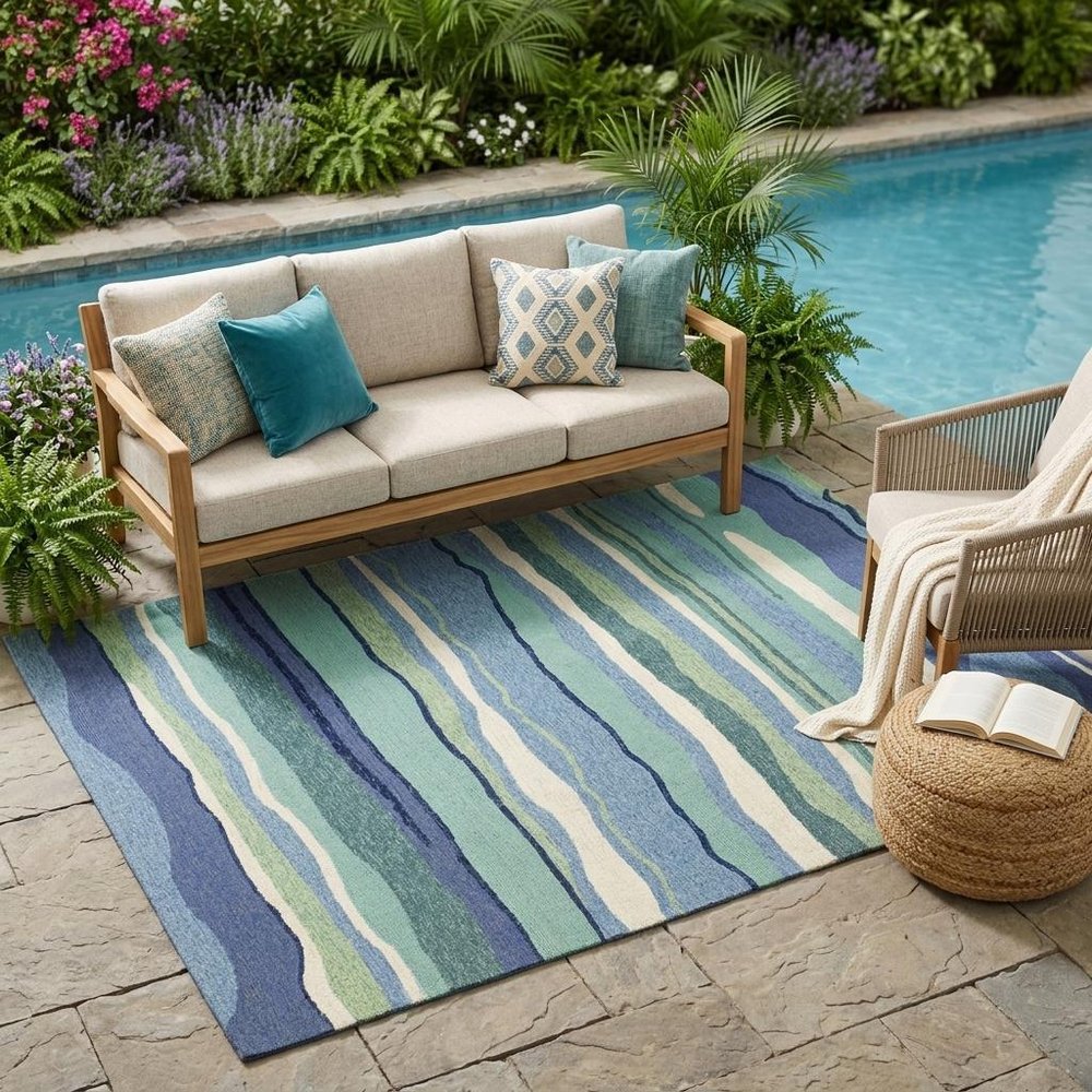 5' X 7' Ocean Abstract Design UV Treated Indoor Outdoor Area Rug