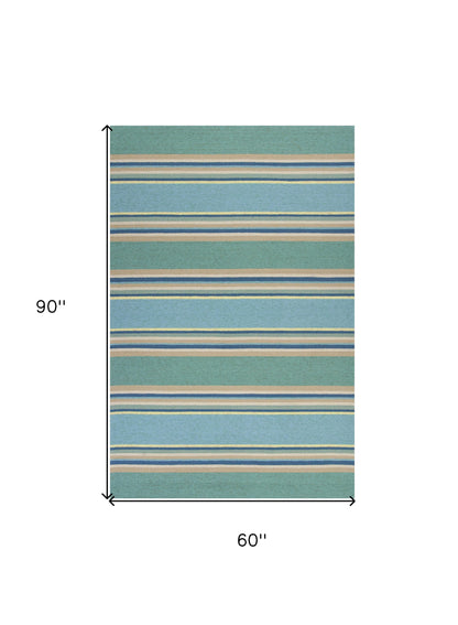 3' X 5' Blue Striped Handmade Indoor Outdoor Area Rug