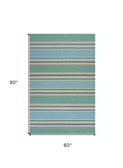 3' X 5' Blue Striped Handmade Indoor Outdoor Area Rug