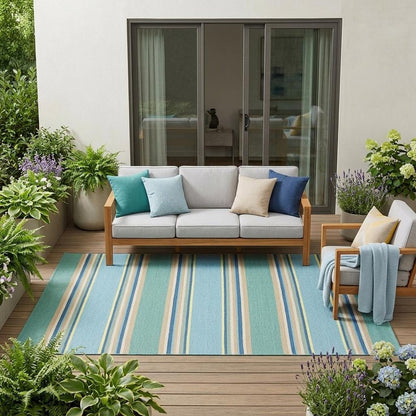 5' X 8' Blue Striped Indoor Outdoor Area Rug