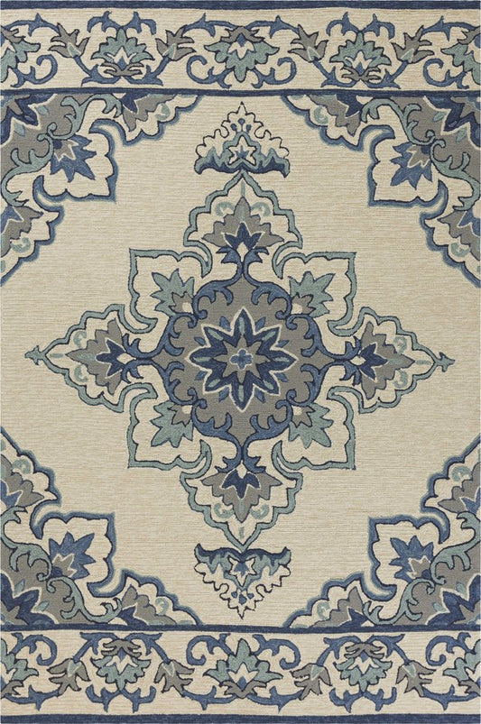 5' X 8' Ivory And Blue Damask Indoor Outdoor Area Rug