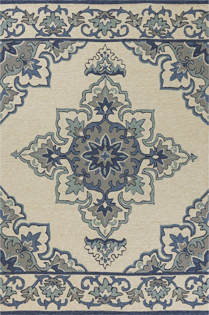 3' X 5' Ivory and Blue Damask Handmade Indoor Outdoor Area Rug
