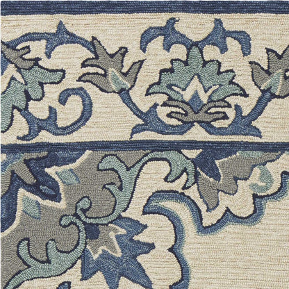 3' X 5' Ivory and Blue Damask Handmade Indoor Outdoor Area Rug