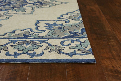 3' X 5' Ivory and Blue Damask Handmade Indoor Outdoor Area Rug
