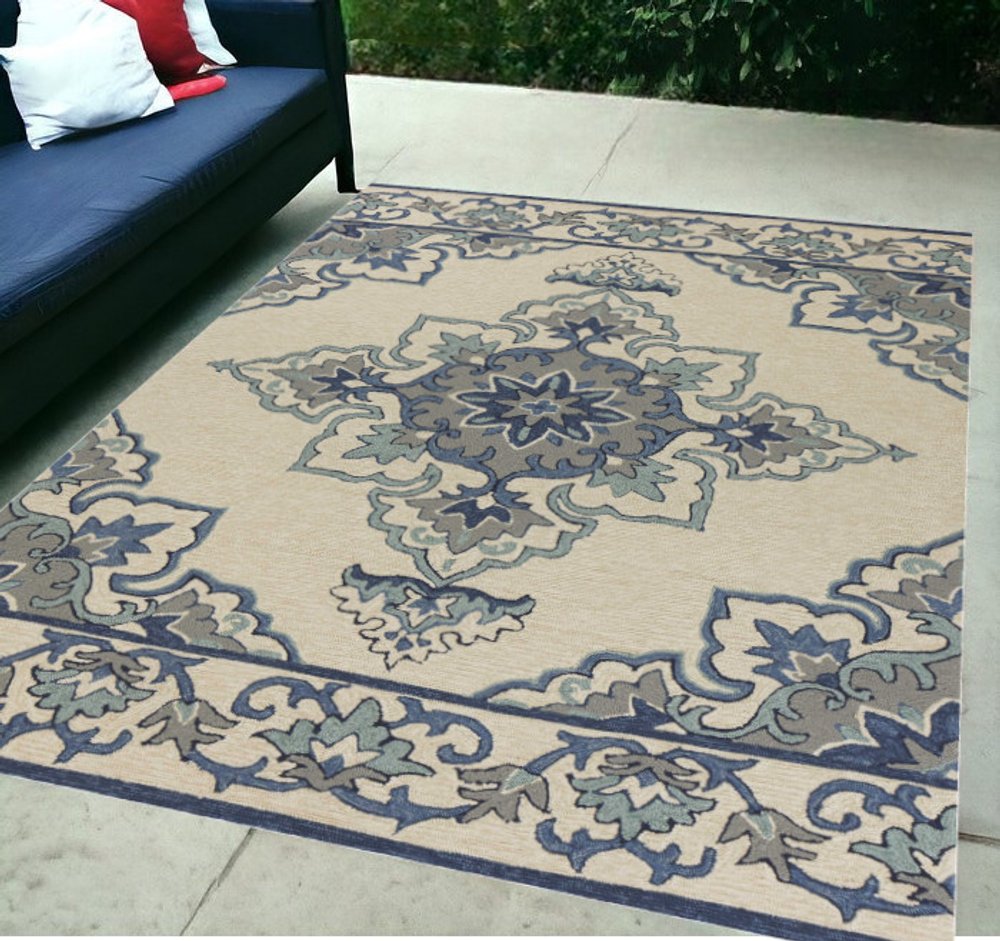 8' X 10' Ivory And Blue Damask Indoor Outdoor Area Rug