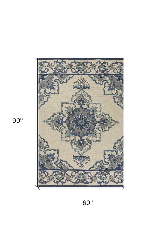 3' X 5' Ivory and Blue Damask Handmade Indoor Outdoor Area Rug