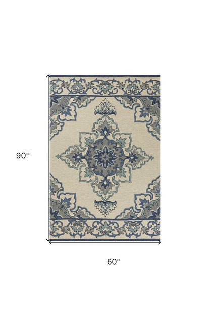 3' X 5' Ivory and Blue Damask Handmade Indoor Outdoor Area Rug