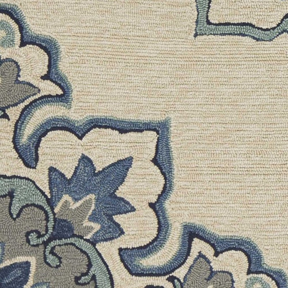 3' X 5' Ivory and Blue Damask Handmade Indoor Outdoor Area Rug