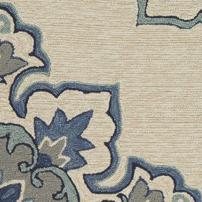 3' X 5' Ivory and Blue Damask Handmade Indoor Outdoor Area Rug