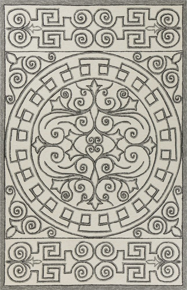 5' X 8' Gray And Ivory Damask Indoor Outdoor Area Rug
