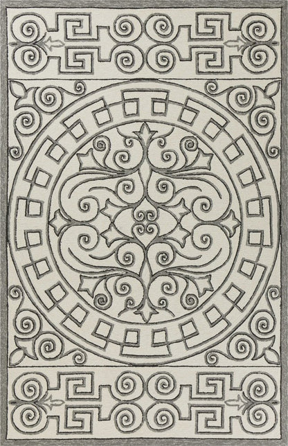 5' X 8' Gray And Ivory Damask Indoor Outdoor Area Rug