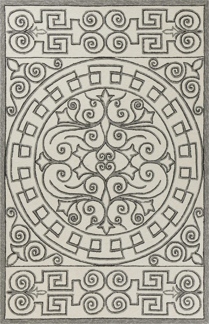 5' X 8' Gray And Ivory Damask Indoor Outdoor Area Rug