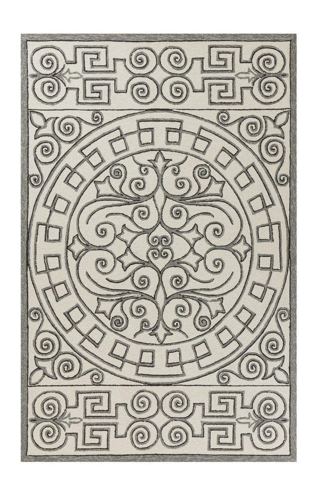 5' X 8' Gray And Ivory Damask Indoor Outdoor Area Rug