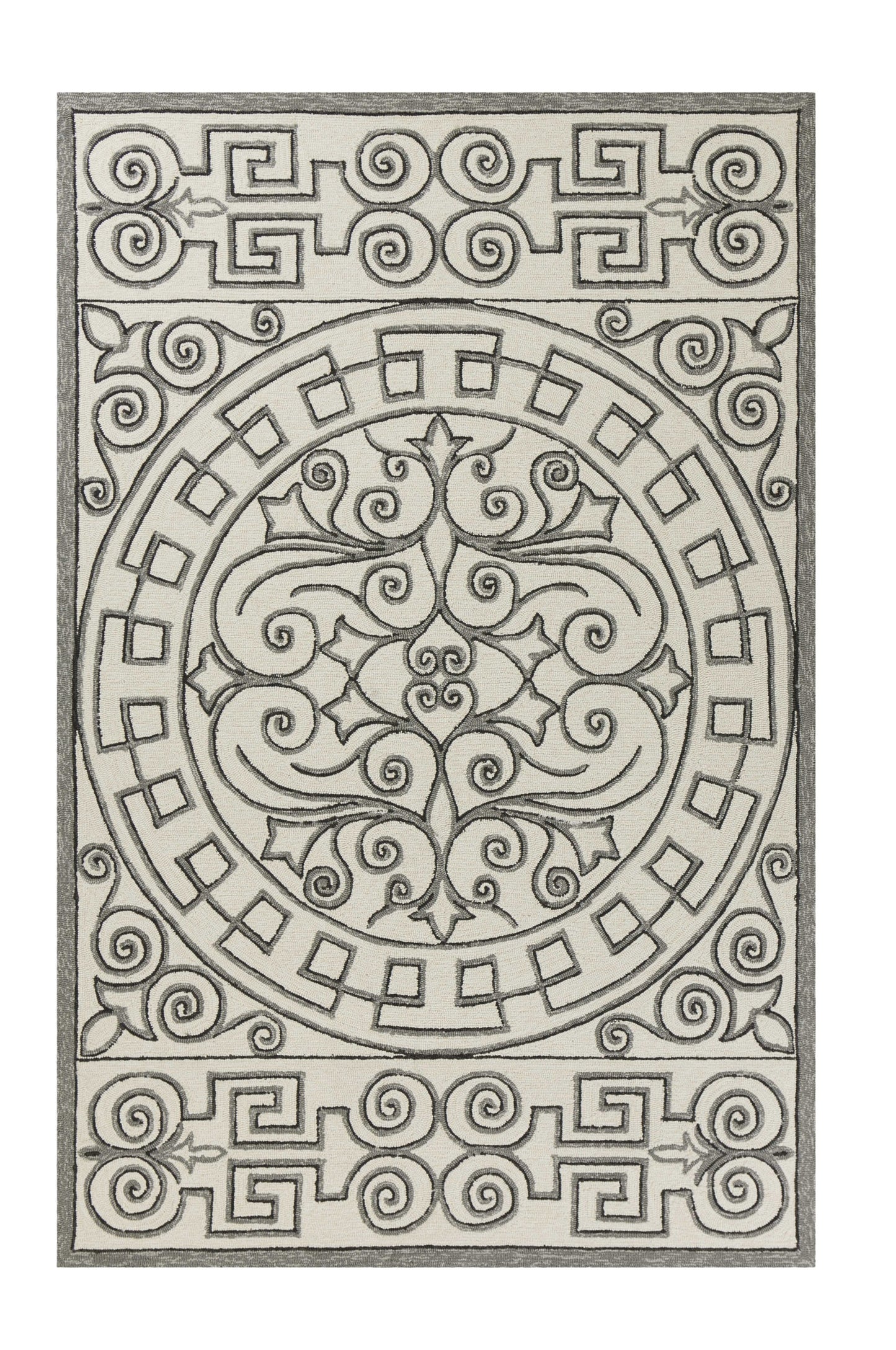 5' X 8' Gray And Ivory Damask Indoor Outdoor Area Rug