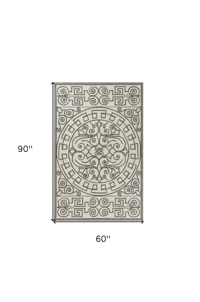 8' Gray And Ivory Round Damask Indoor Outdoor Area Rug