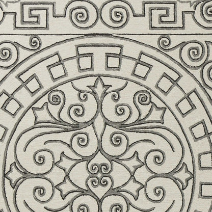 8' Gray And Ivory Round Damask Indoor Outdoor Area Rug