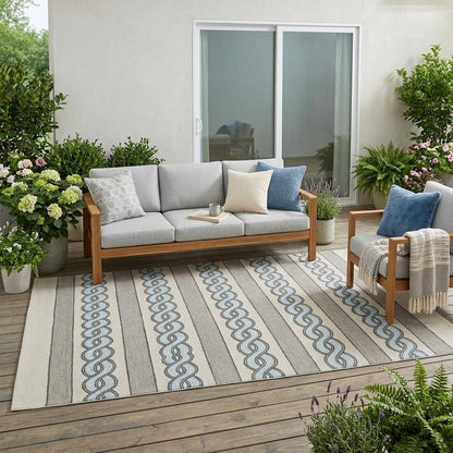5' X 7' Ivory And Blue Abstract Handmade Indoor Outdoor Area Rug